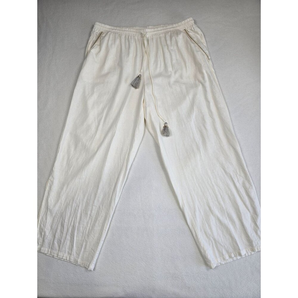 Melissa Paige White Linen Blend Drawstring Pants XL With Tassels Boho
